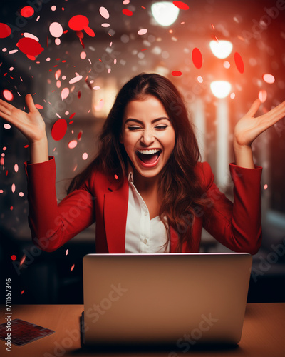 Young and happy woman rejoices behind the laptop screen, Valentine's Day atmosphere. Won a prize, gifts, promotions in the online store.