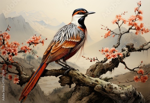 A stunning painting of a majestic bird perched on a tree branch, surrounded by beautiful flowers and feathers, captured in a serene outdoor setting