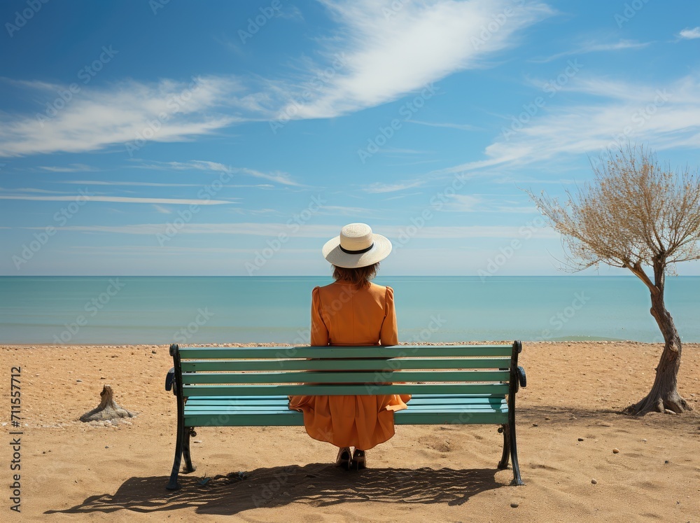 A lone woman takes a moment to relax on a wooden bench, surrounded by the vast expanse of the sky and sand, while a gentle breeze rustles her hat and the clouds above