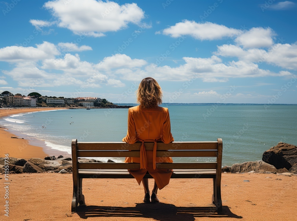 A serene woman takes in the peaceful beauty of the sea while perched on a wooden bench, surrounded by the open sky and soft clouds on her relaxing outdoor vacation