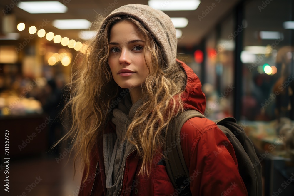 A stylish woman with long, layered hair wearing a jacket and hat stands confidently indoors, her scarf adding a touch of street fashion to the portrait