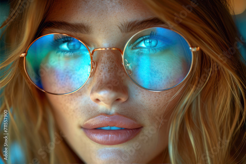 portrait of a beautiful blonde girl with bright make-up and yellow glasses