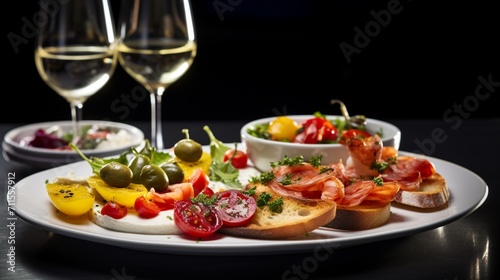n artful arrangement of colorful and flavorful tapas, elegantly displayed on a white platter, capturing the essence of Spanish cuisine in a visually appealing composition.