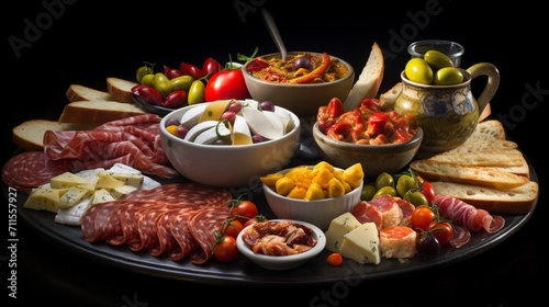 n artful arrangement of colorful and flavorful tapas, elegantly displayed on a white platter, capturing the essence of Spanish cuisine in a visually appealing composition.