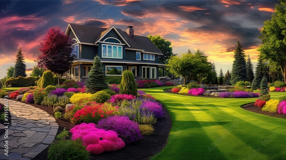 a classic house with green grass and colorful flower in garden, classic home concept 