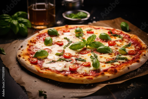 Pizza Margherita with mozzarella, tomatoes and basil