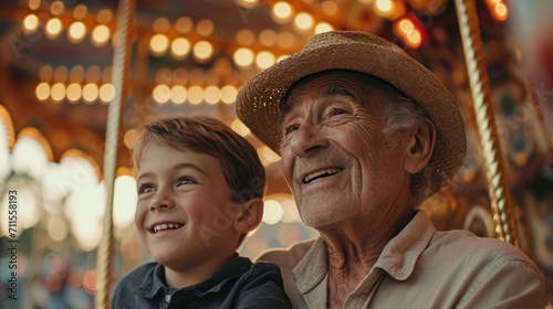    Hispanic senior age 70s man with grandson enjoy laughing out loud playing together  bonding grandparent relationship with grandchild lifestyle free time play relish a carousel ride in zoo park