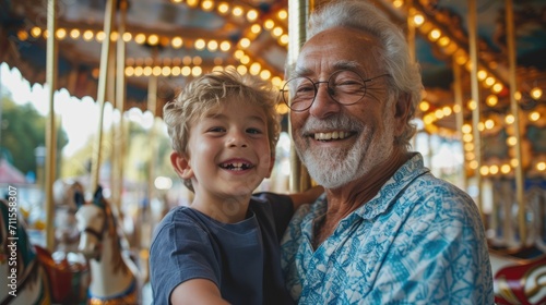 Healthy senior elderly pensioner male with kid enjoy laughing out loud playing together, bonding grandparent relationship with grandchild lifestyle free time play relish a carousel ride in zoo park photo