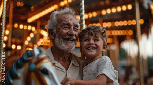 Healthy senior elderly pensioner male with kid enjoy laughing out loud playing together, bonding grandparent relationship with grandchild lifestyle free time play relish a carousel ride in zoo park