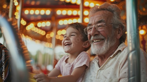 Healthy senior elderly pensioner male with kid enjoy laughing out loud playing together, bonding grandparent relationship with grandchild lifestyle free time play relish a carousel ride in zoo park © Rakchanika