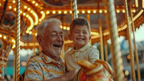 Healthy senior elderly pensioner male with kid enjoy laughing out loud playing together, bonding grandparent relationship with grandchild lifestyle free time play relish a carousel ride in zoo park