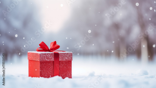 Red gift box with ribbon in snowy winter landscape © thodonal