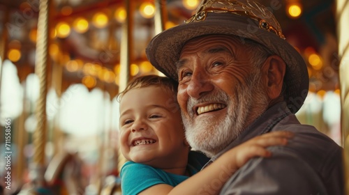 Healthy living of senior elderly pensioner male with kid enjoy laughing out loud playing together, bonding grandparent relationship with grandchild lifestyle free time play relish a carousel ride park