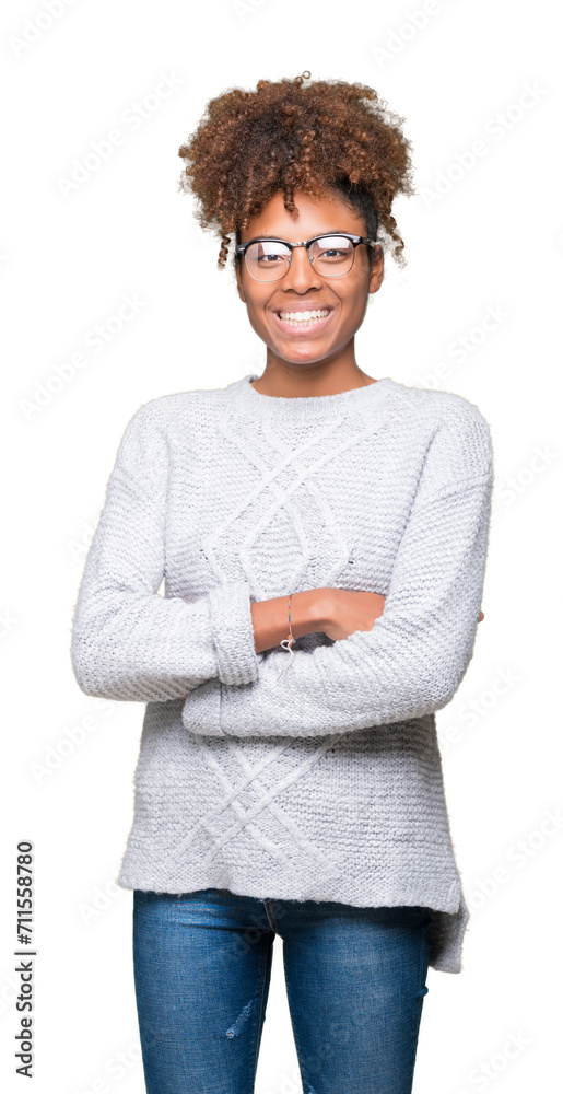 Beautiful young african american woman wearing winter sweater over isolated background happy face smiling with crossed arms looking at the camera. Positive person.