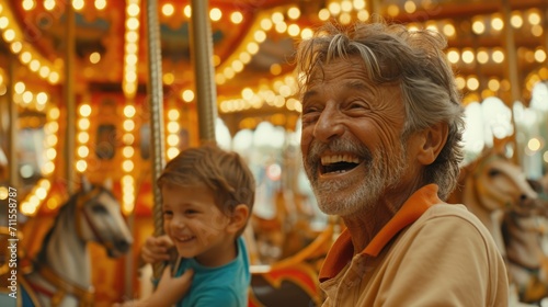 Healthy living of senior elderly pensioner age 70s male with kid enjoy laughing playing together, sharing moment bonding grandparent relationship and grandchild lifestyle play relish carousel ride
