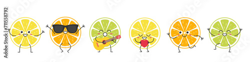 Set slice lemon orange lime cute character cartoon citrus fruit emotions joy happiness smiling face jumping running beautiful vector illustration. photo