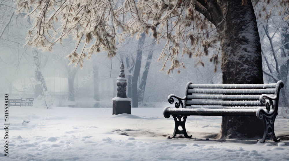Night view of park bench under tree during winter snow.