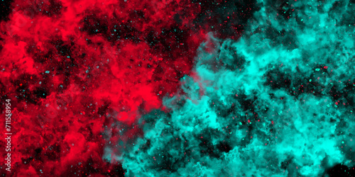 Abstract dynamic particles with soft blue & red clouds on dark background. Defocused Lights and Dust Particles. Watercolor wash aqua painted texture grungy design.
