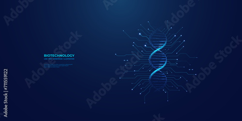 DNA double helix in light blue futuristic style on technology background with circuit. Low poly wireframe vector illustration. Abstract biotechnology concept. Science and tech. Medical research.