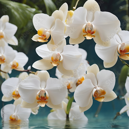  Beautiful White orchid flowers in water, spa concept Generative 