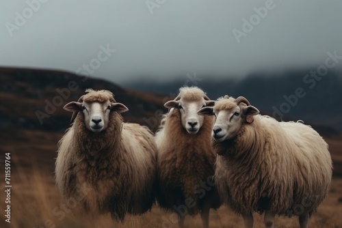 Closeup shot of three beautiful icelandic sheep in a wild area under the cloudy sky photo