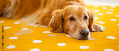 Cachorro golden deitado em um tapete amarelo com bolinhas brancas