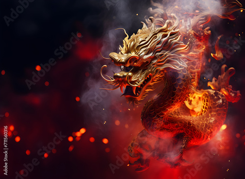 A majestic golden dragon emerges from red smoke and flames, creating a powerful image of myth and fantasy. Chinese New year concept Generative AI  © Mina Nida