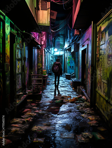 A greeneyed street walker riding through a dark alleyway © dehrig