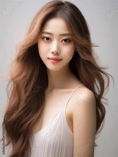 Beautiful Asian Chinese Young Woman Portrait Studio Photo Photography Profile Picture Model with Long Hair for Fashion Beauty Skincare Haircare Products on White Light Background 3:4 