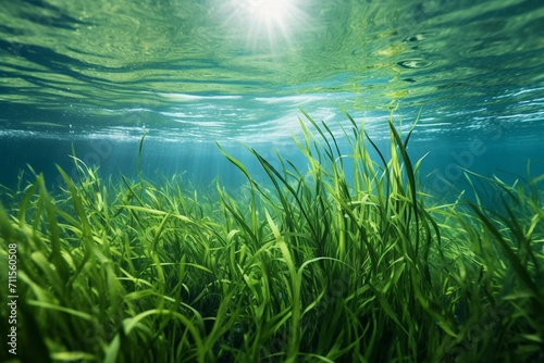 Underwater seagrass sways rhythmically with ocean current. Generative AI