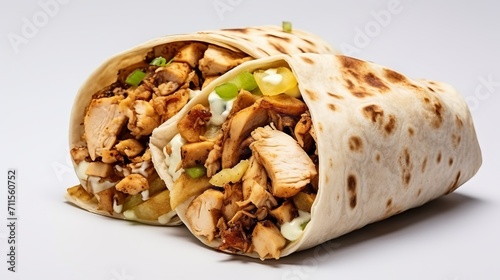 Tasty chicken shawarma or doner roll with fresh ingredients on an isolated white background