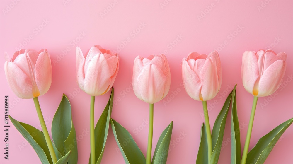 minimalist greeting with a row of pink tulips on a pastel pink background minimalist greeting with a row of pink tulips on a pastel pink background