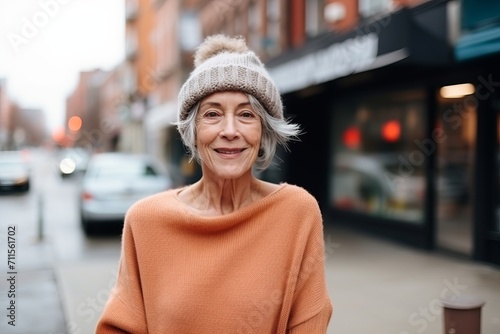 Portrait of a happy senior woman in a hat and coat in the city