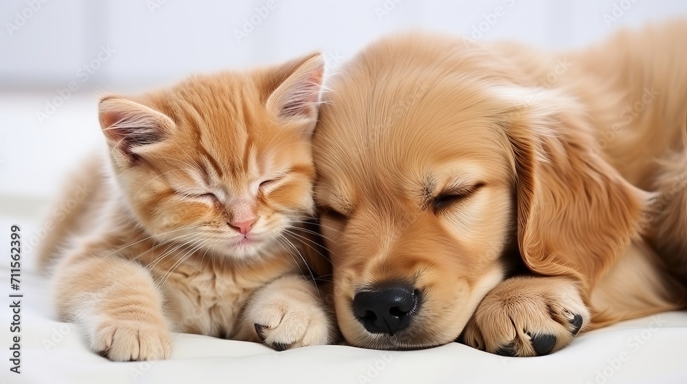 Irresistibly cute cat and dog peacefully snoozing side by side on a cozy white carpet
