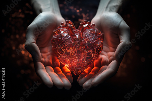 Hands holding heart shape lighting on dark background by generative AI.