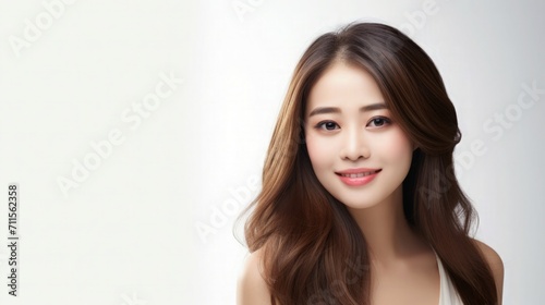 Beautiful Asian Woman Portrait Studio Photo Photography Profile Picture Young Model with Long Hair for Fashion Beauty Skincare Haircare Products on White Light Color Background 16:9 