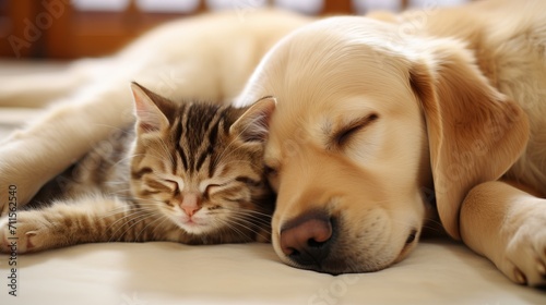 Wallpaper Mural Lovely cat and dog snuggled up together, peacefully dozing off on a soft white carpet Torontodigital.ca