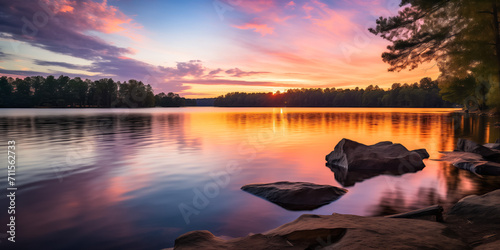 Tranquil sunset at lakeside with colorful skies and silhouetted trees