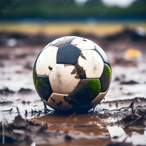 Soccer ball. Dirty soccer ball in the swamp
