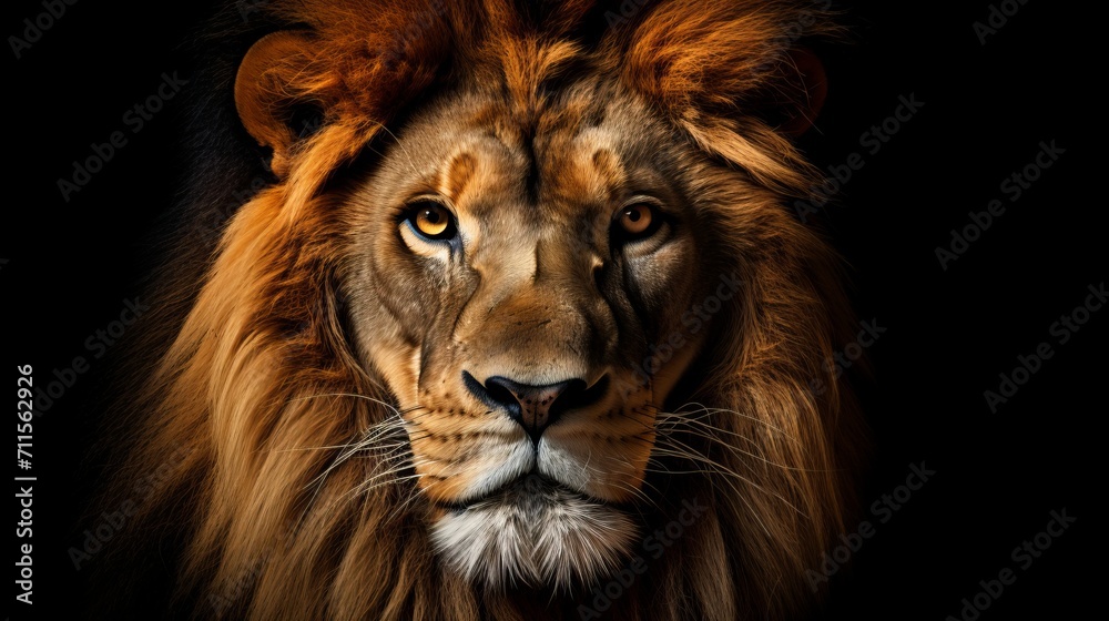 Powerful and vibrant lion standing proudly in isolation against a dark black background