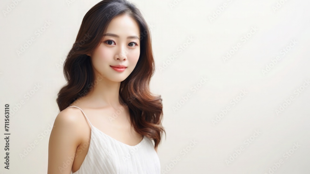 Beautiful Asian Woman Portrait Studio Photo Photography Profile Picture Young Model with Long Hair for Fashion Beauty Skincare Haircare Products on White Light Color Background 16:9 Beautiful Asian Woman Portrait Studio Photo Photography Profile Picture Young Model with Long Hair for Fashion Beauty Skincare Haircare Products on White Light Color Background 16:9