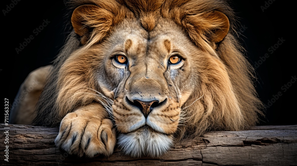 Majestic and powerful lion with a bright and intense gaze, isolated on a dramatic black background