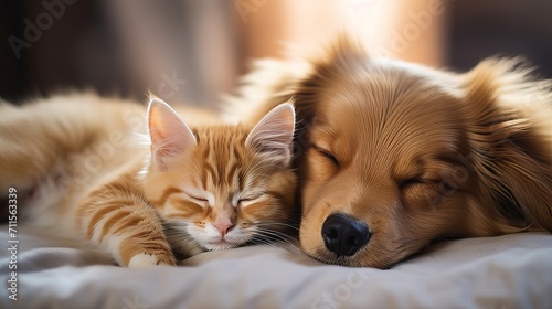 Endearing moment of a cute cat and dog peacefully napping side by side on a cozy white carpet