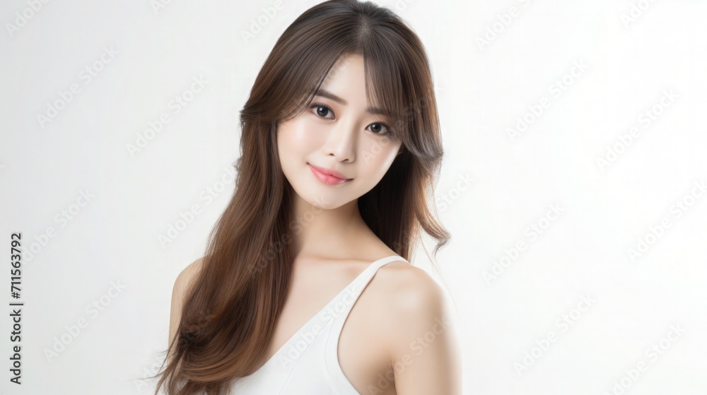 Beautiful Asian Woman Portrait Studio Photo Photography Profile Picture Young Model with Long Hair for Fashion Beauty Skincare Haircare Products on White Light Color Background 16:9 Beautiful Asian Woman Portrait Studio Photo Photography Profile Picture Young Model with Long Hair for Fashion Beauty Skincare Haircare Products on White Light Color Background 16:9