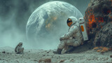 An astronaut meets an alien on the Moon surface. (AI created)
