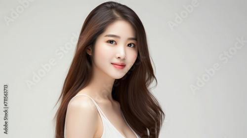 Beautiful Asian Woman Portrait Studio Photo Photography Profile Picture Young Model with Long Hair for Fashion Beauty Skincare Haircare Products on Grey Light Color Background 16:9