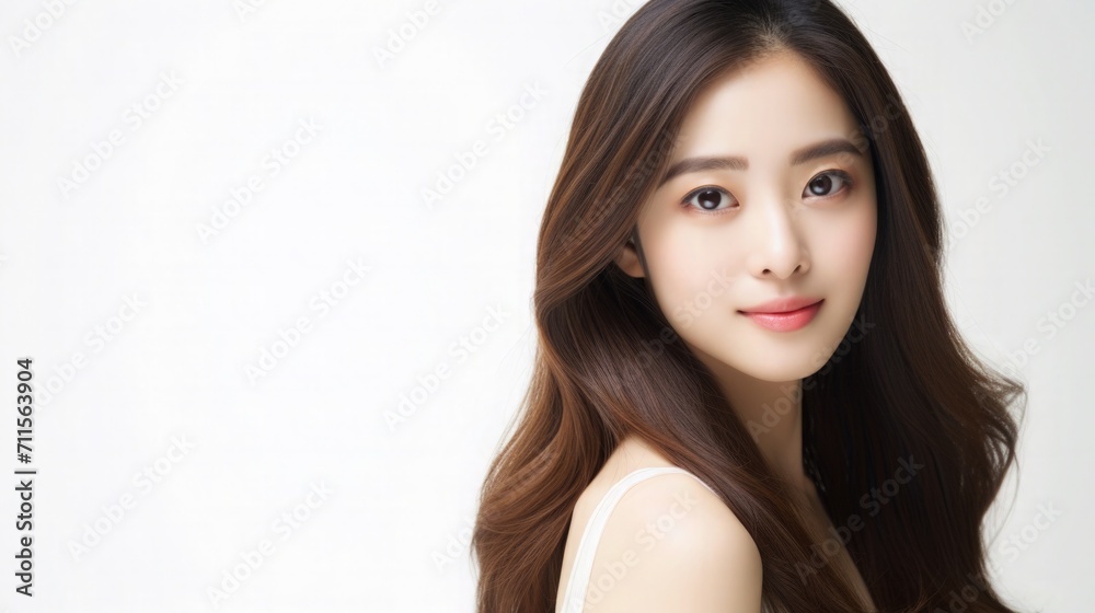 Beautiful Asian Woman Portrait Studio Photo Photography Profile Picture Young Model with Long Hair for Fashion Beauty Skincare Haircare Products on White Light Color Background 16:9 Beautiful Asian Woman Portrait Studio Photo Photography Profile Picture Young Model with Long Hair for Fashion Beauty Skincare Haircare Products on White Light Color Background 16:9