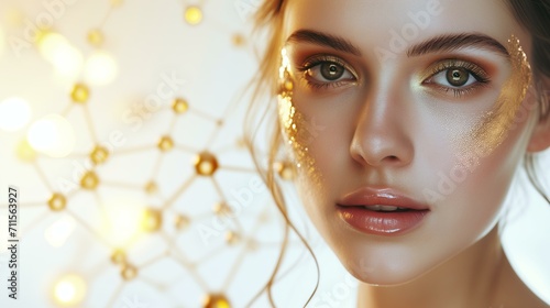 Beautiful woman portrait gold hydrating serum molecules structure on the face, light background. photo