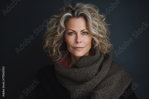 Portrait of a beautiful middle aged woman with curly blond hair in a gray scarf on a dark background