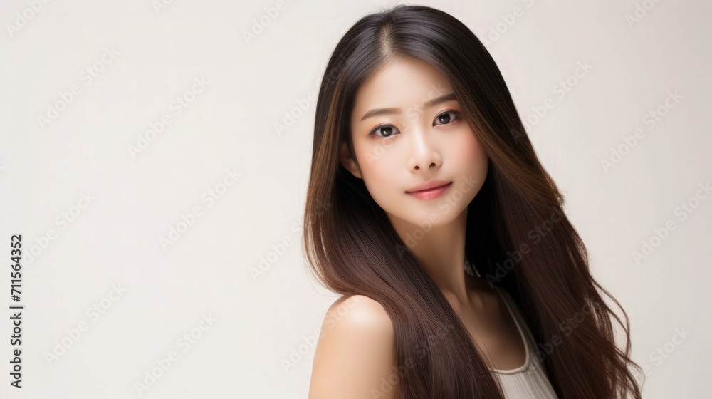 Beautiful Asian Woman Portrait Studio Photo Photography Profile Picture Young Model with Long Hair for Fashion Beauty Skincare Haircare Products on Beige Light Color Background 16:9 Beautiful Asian Woman Portrait Studio Photo Photography Profile Picture Young Model with Long Hair for Fashion Beauty Skincare Haircare Products on Beige Light Color Background 16:9